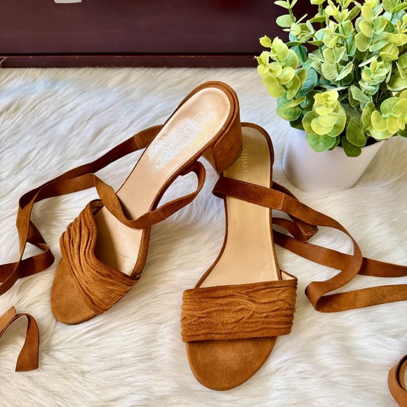 Stuart Weitzman Ankle Wrap Swifty Heels Camel Suede Sandals | Tan Brown Size 10 - Picture 5 of 15